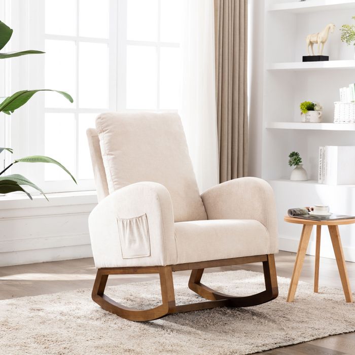 fauteuil à bascule en lin,rocking chair,style moderne,cadre en bois massif,blanc crème, 69x94x101cm